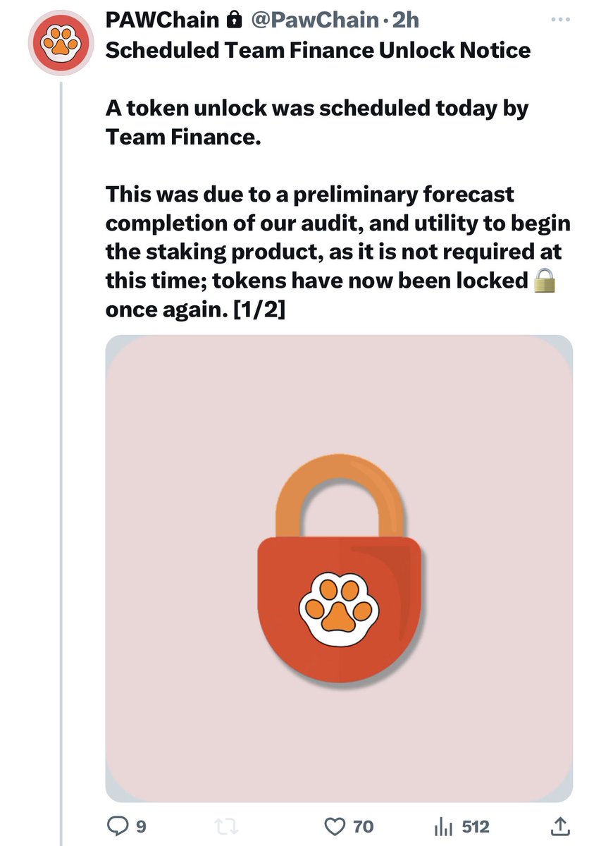 cryptojames100's tweet photo. Transparency is crucial to any business in the crypto and financial sector especially when impact to investors is high. 35 trillion paw  (worth ~$1.4 Million) was scheduled to be unlocked today from Team Finance.  It was unlocked and then immediately re-locked for another week while the #pawswap team waits for Certik Audit and staking to be released.  #pawswap team also sent out proper communication to explain situation so no one had to wonder what happened, ensuring investor confidence.