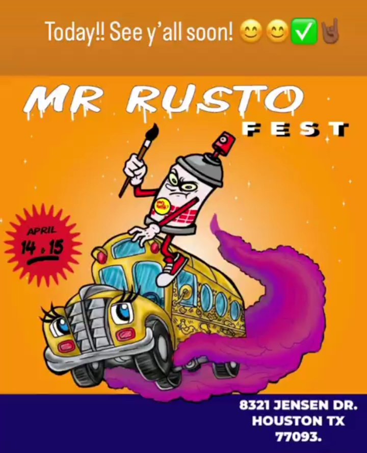 MrRusto's tweet photo. COME MEET MR. RUSTO AT HIS ANNUAL EVENT
RUSTO FEST: 2023 
APRIL 14 &amp; 15
8321 Jensen Drive 
Houston, Texas 77093
#usa #texas #texaslife #TX #houston #houstontx #houstontexas #houstonphotographer #houstontexas #houstontexasbaby #art #graffitti #graffittiverse #graffitiart https://t.co/OJEkl2gvJm