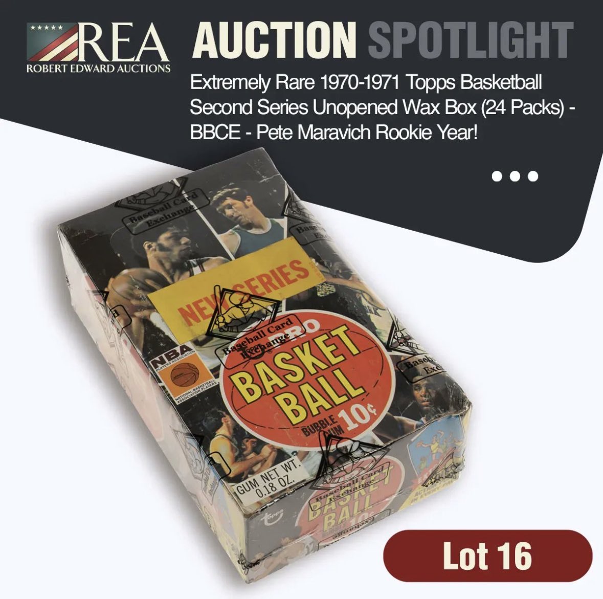 collect_rea's tweet photo. Spring Auction Spotlight - Lot # 16: Extremely Rare 1970-1971 Topps Basketball Second Series Unopened Wax Box (24 Packs) - BBCE - Pete Maravich Rookie Year! Bid Now: https://t.co/VLjc6ESDcM
@REAOnline #auction #basketballcards #unopenedboxes #unopenedpacks #rookiecard #thehobby https://t.co/NmKZK8cXm8