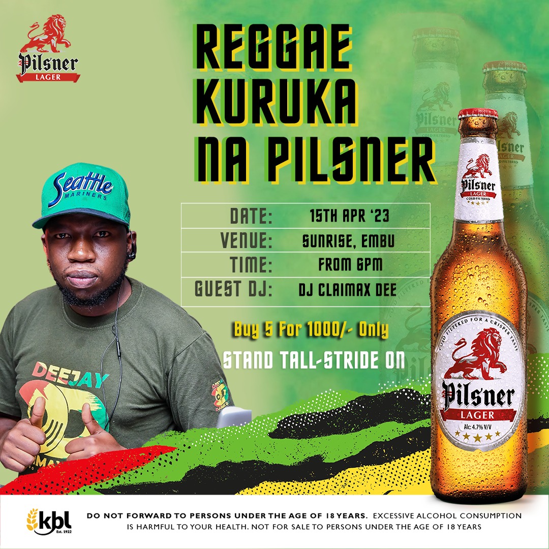 #AD Get ready people in Embu! Today there's a party going down with the crew hapo SUNRISE- EMBU from 7pm na DJ Claimax Dee. Enjoy Reggae polite with a cold Pilsner kwa bei poa. Buy 5 Bottles for 1000 bob. Numerous merchandise to be won ukipatikana Pilsner yako
#StandTallStrideOn