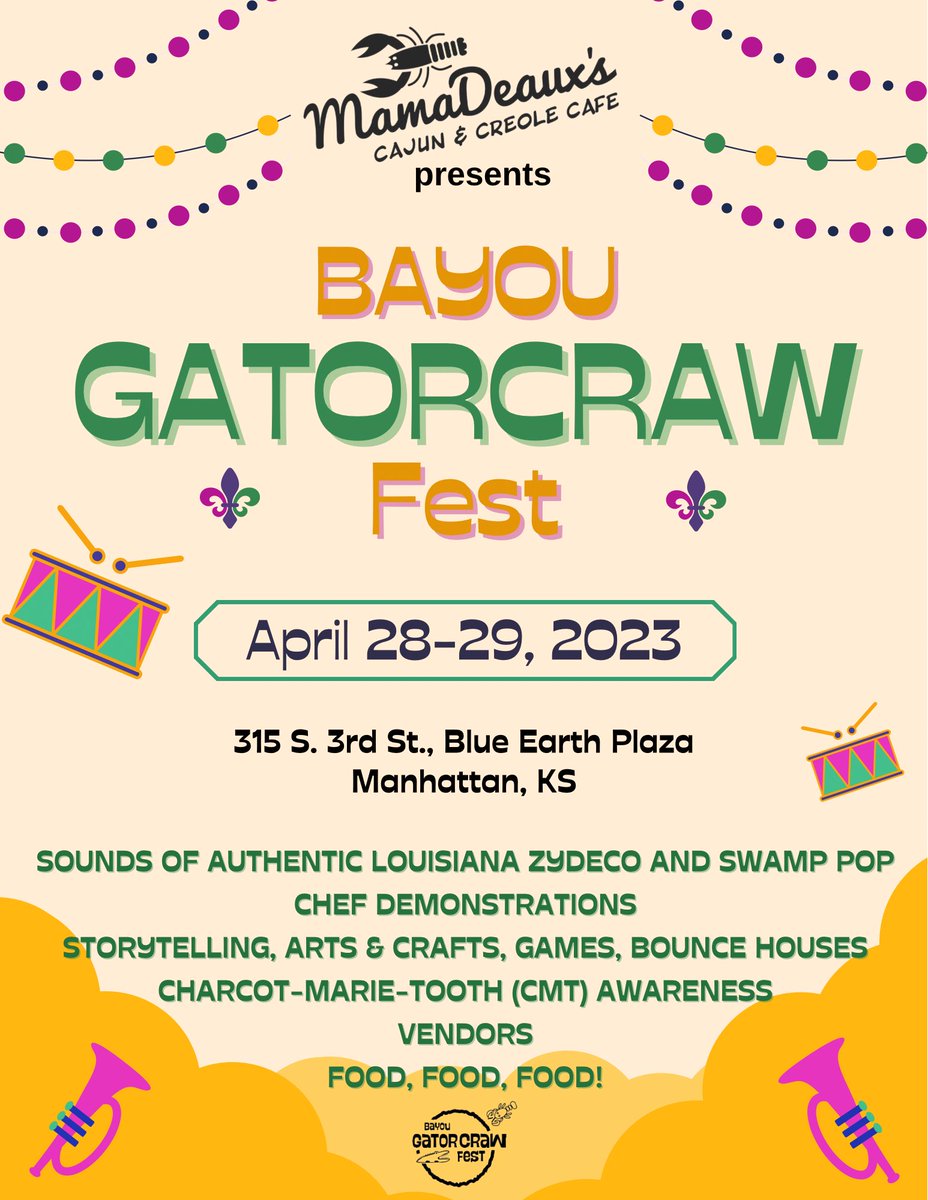 Share this post and spread the word about this amazing upcoming event! Just 2 weeks left. Bring a friend and your appetite!

#festival #BlueEarthPlaza #DowntownMHK #bayougatorcrawfest #bayousunflowers #mamadeauxscajunandcreoleseasoning #JunctionCityKS #cajunfood #creolefood