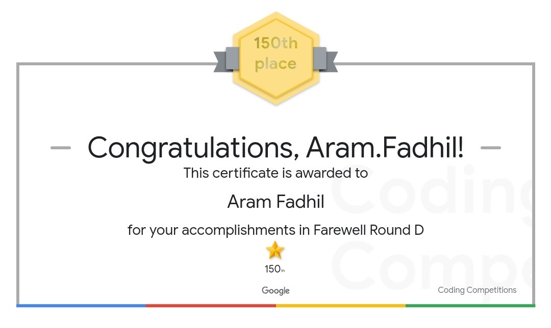 Aram__Fadhil's tweet image. Participated in @gcodingcomps Google Coding Competition code gam farewell rounds 2023. At @UKH_official
#HashCode #Hash_Code_Erbil
