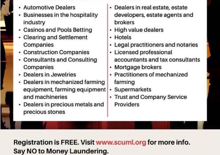 PluggedDaily_'s tweet image. Check through this list and see if your business fall under any one, you’re required by law to register your business under #SCUML (Special Control Unit Against Money Laundering), &amp;amp; comply with reporting requirements. Visit scuml.org for free reg &amp;amp; further details