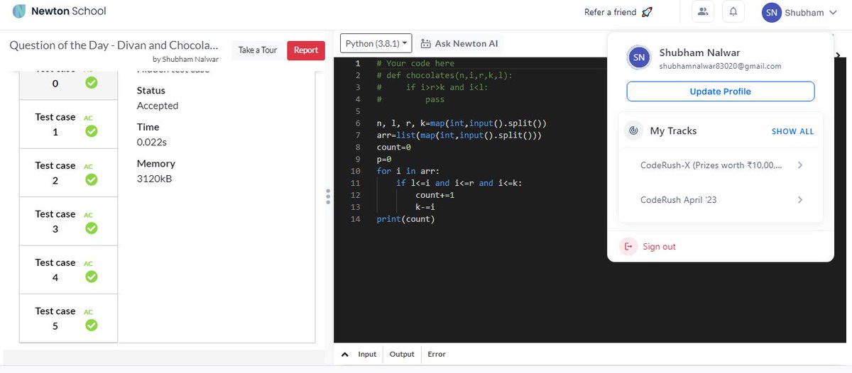 NalwarShubham's tweet photo. Hi Folks, I have completed #Day1 of #101DaysofCode Challenge with
@NewtonSchoolHQ
problem : Divan and chocolates discord: ACEane#9964
#nsdiscord #codewithns #101daysofcodens https://t.co/lpiJ4Tw3I6