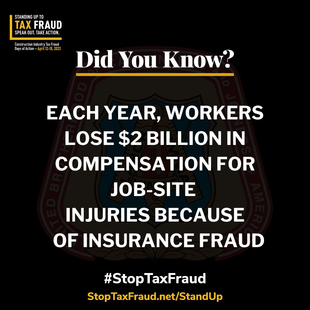 EASCarpenters's tweet photo. Stand Up to Tax Fraud
A growing number of construction companies don’t report their full payroll to their workers’ comp. insurers which illegally lowers their premiums. That’s INSURANCE FRAUD
Click the link🔗 https://t.co/nHbZX0ZwZ6
#StopTaxFraud #tfdoa2023 #EveryoneIsAVictim https://t.co/AWKlhmYUCS