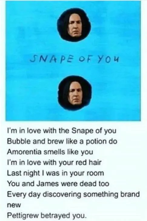 MuggleNet's tweet photo. #EdSheeran definitely needs to record this as a new single. 😂😂 
#Snape #ShapeOfYou https://t.co/cpH5fUp0df