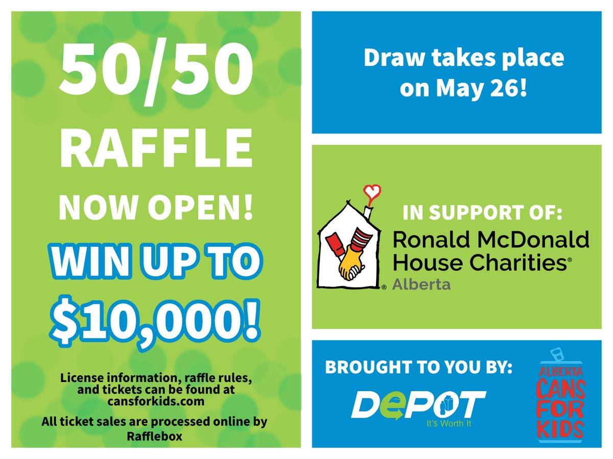 bringitalberta's tweet photo. What are you waiting for? Our 50/50 raffle in support of @RMHCAlberta  is in full swing and YOU could be the lucky winner! Pick up a ticket for just $5 for a great cause here:
https://t.co/gAP11W2ZvX
#cansforkids #5050raffle https://t.co/cTY53AprFf