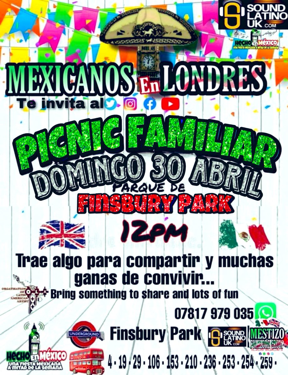 Buen día!!! 
Aquí una invitación al 
PICNIC FAMILIAR Anual de @MexicanosEnLondres y <a href="/Hecho/">HernanQuinich</a> en México!!
Domingo 30 de ABRIL 
12pm
En 
Finsbury Park, London 

🍰🌮🍕🥙🥗🍻🧃🥤
facebook.com/events/s/picni…
