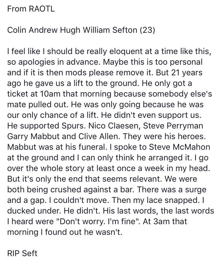 Every year, there’s a thread on a footy forum bumped, from a friend of Andrew Sefton who died at Hillsborough. That post here and the below story from his family are heartbreaking. And they should make anyone who mocks the disaster stop