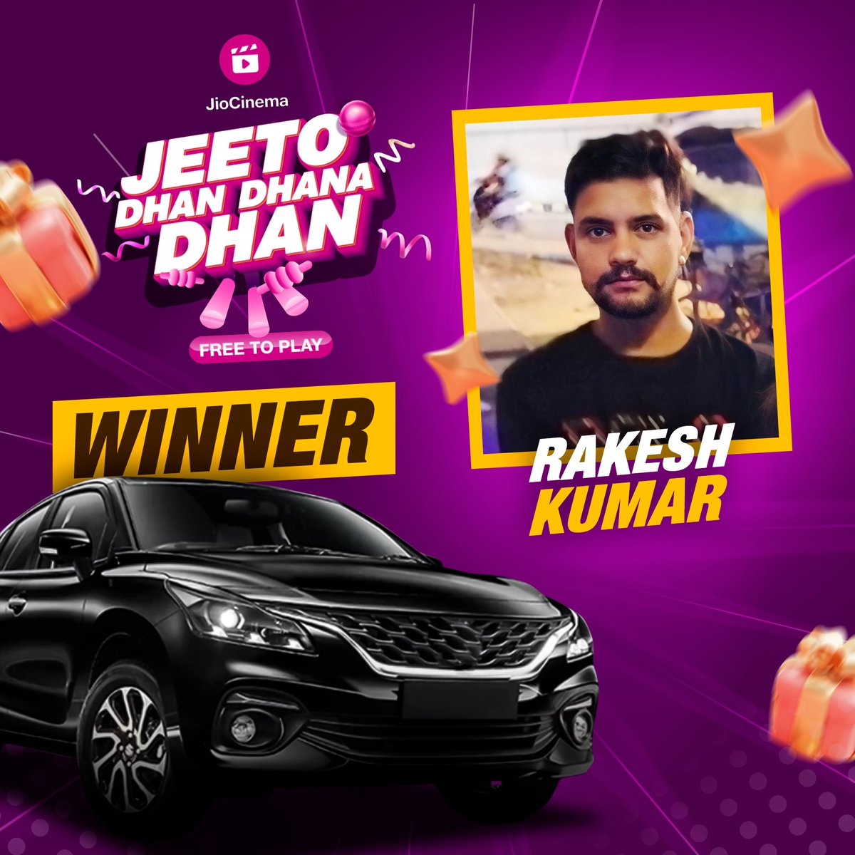 HotstarReality's tweet photo. Rakesh Kumar is the lucky winner of a brand new CAR in the #JeetoDhanDhanaDhan contest for #SRHvKKR 😍

Hold your phone in portrait mode before every over of the match to answer simple questions, and you could be the next lucky winner!

T&amp;Cs apply, 18+ only

#IPLonJioCinema https://t.co/CSuEIaHKWf