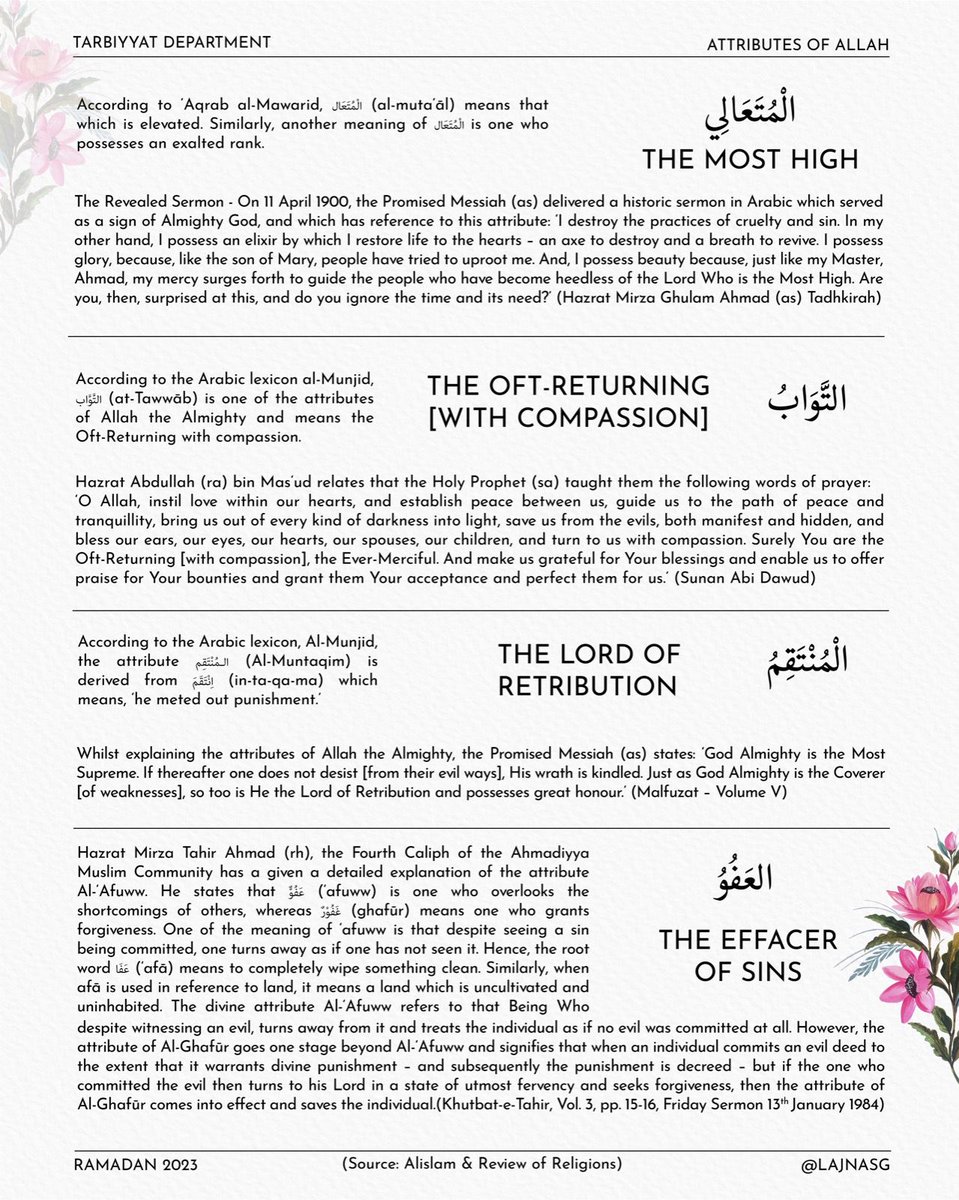 LajnaSG's tweet image. 24/30 Ramadan Series on Attributes of Allah

- The Most High
- The Oft-Returning (with compassion)
- The Lord of Retribution 
- The Effacer of Sins

#AttributesofAllah #Allah #Ramadan