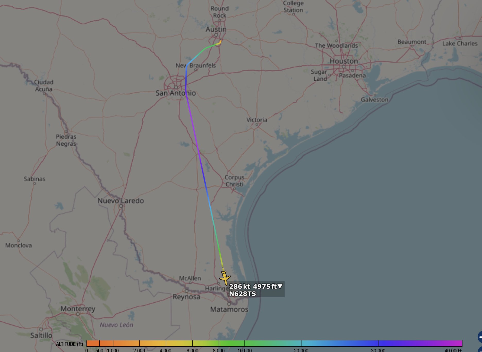 ElonJet but Delayed on Twitter "Flew from Austin, Texas to Brownsville, Texas Apx. flt. time 38
