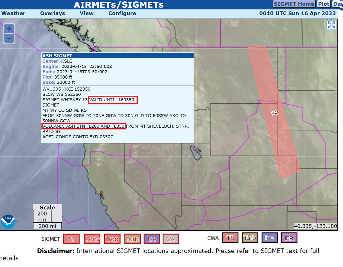 NWSCWSUZLC's tweet image. SIGMET WHISKEY 13: Volcanic Ash BTN FL200 and FL350 valid until April 16 0350Z.
Monitor aviationweather.gov for updates. #mtwx #Sheveluch #VolcanicAsh #aviation #weather