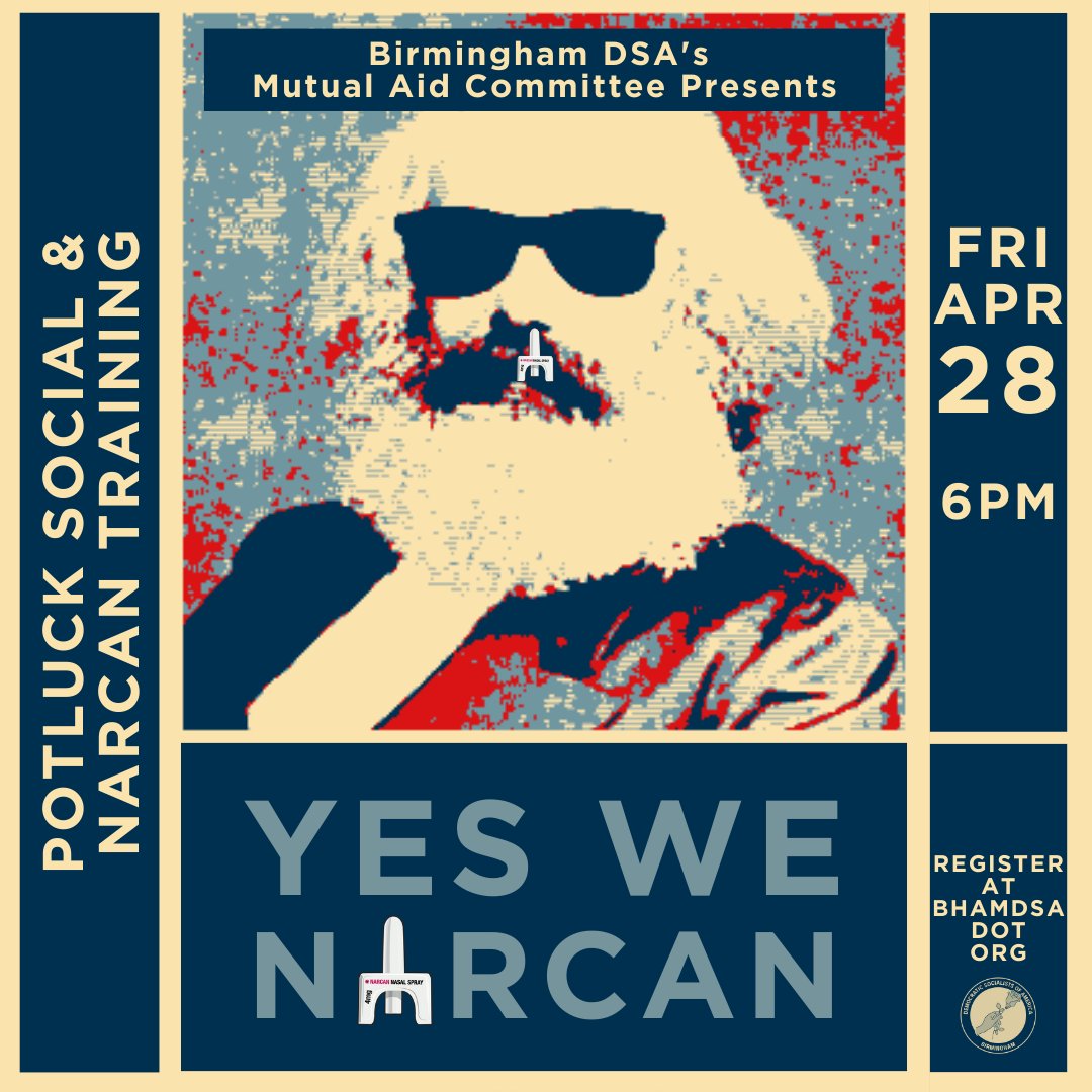 UHHHHHHHH LOOK: Next Friday, April 28, at 6PM is our first-ever potluck social x Narcan/fentanyl test strip training!

Bring a dish if you can, and get trained on how to use &amp; register to receive free Naloxone + fent test strips.

Register at bhamdsa.org/calendar.🌹