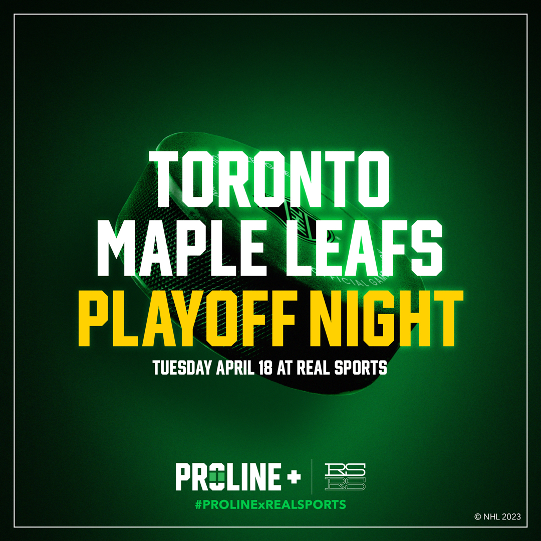 OLGproline's tweet photo. Calling all hockey fans, come to Real Sports on April 18th for a Leafs Stanley Cup® Playoffs experience! 🏒
Watch the game on the big screen 📺 + a chance to win @NHL Playoff tickets/merchandise 🎫
Don’t forget to bet on all the action with the PROLINE App.
#PROLINExRealSports https://t.co/1Yj3P5aBsC