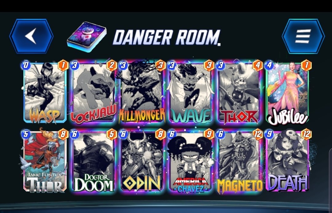 Deck used for <a href="/Snap_Battles/">SNAP Battles</a> . Took Thanos out so we could draw lockjaw more often 😏. Actually climbed quite well with this on ladder. Simple strat, snap on 2 if u have lockjaw or thor + jane, retreat if you get snapped early and dont have either. TLDR: very consistent highroller