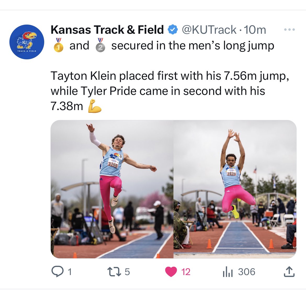 mamapride5's tweet photo. So fun to watch Tyler @KUTrack Kansas Relays 100 Years of Track! Alumni @pfhsathletics @PFannouncements https://t.co/x8E5lIL5Q3