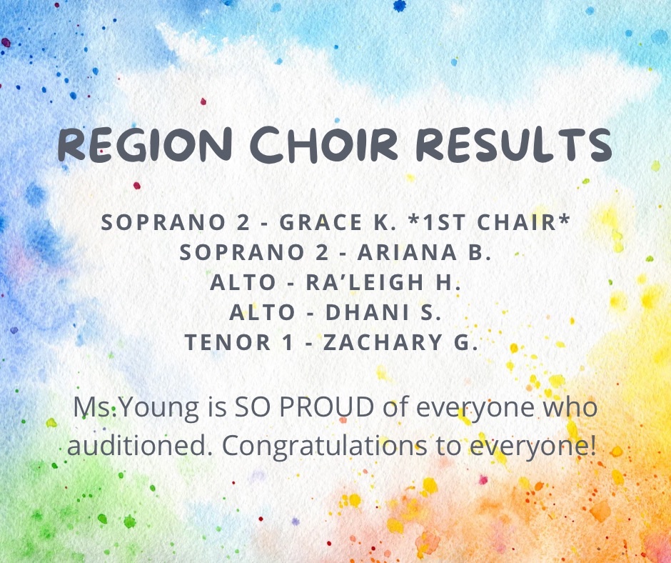 Region Choir Results. Ms. Young is SO PROUD of everyone who auditioned 💚💙 <a href="/HofiusKISD/">Hofius Intermediate</a> <a href="/LMartiKISD/">Lauren Marti</a> <a href="/kleinfinearts/">Klein ISD Fine Arts</a>