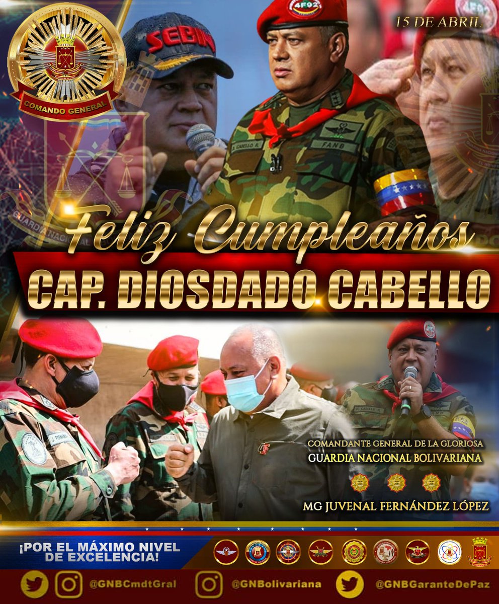 MGJuvenalFL's tweet photo. Desde nuestra invicta Guardia Nacional Bolivariana, felicitamos al Capitán Diosdado Cabello @dcabellor por arribar a un año más de vida. Patriota, de alto espíritu combativo y con lealtad absoluta a la Patria y a la Revolución Bolivariana. 

¡Feliz Cumpleaños! https://t.co/j0tUDPwARZ