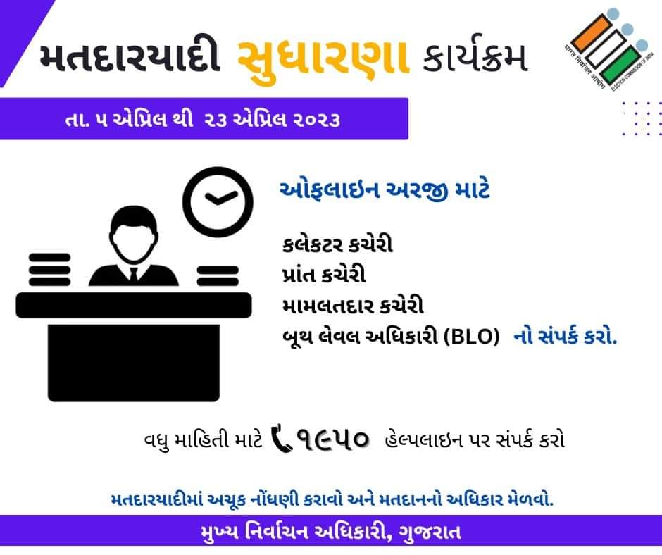 મતદારયાદી સુધારણા કાર્યક્રમ-૨૦૨૩..નવા નામ નોંધવા તેમજ સુધારો કરવા અરજી કરવાનો આવી ગયો છે અવસર....<a href="/CollectorVad/">Collector & DM Office Vadodara</a> <a href="/DEOVADODARA/">District Election Officer Vadodara</a> <a href="/ECISVEEP/">Election Commission of India</a> <a href="/SdmSavli/">SDM & Prant Officer Savli</a>