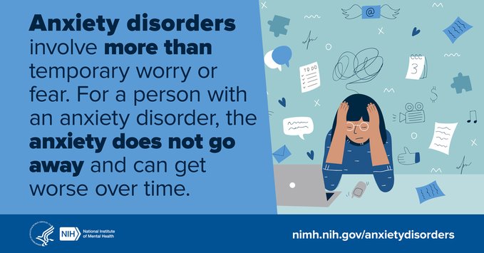 calwellness's tweet photo. Occasional anxiety is a normal part of life. But people with generalized anxiety disorder (GAD) feel extremely worried or feel nervous about these and other things—even when there is little or no reason to worry about them. Visit https://t.co/hyZIZZoOla to learn more. @samhsagov https://t.co/5NrulUMGKW