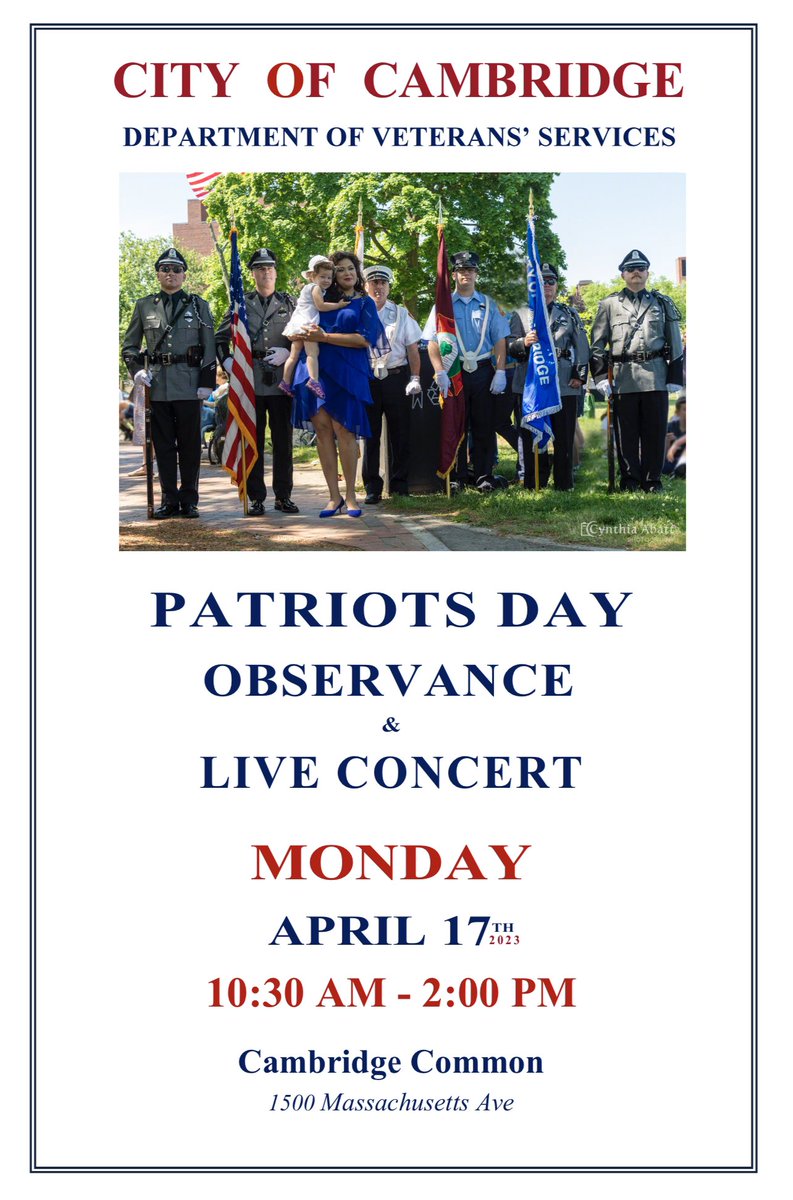 CambMaVet's tweet photo. Join us for our Patriots Day Observance and Live Concert on Monday 04/17. Food, music, and lots of activities and fun for families! https://t.co/NVZhJrZLAQ