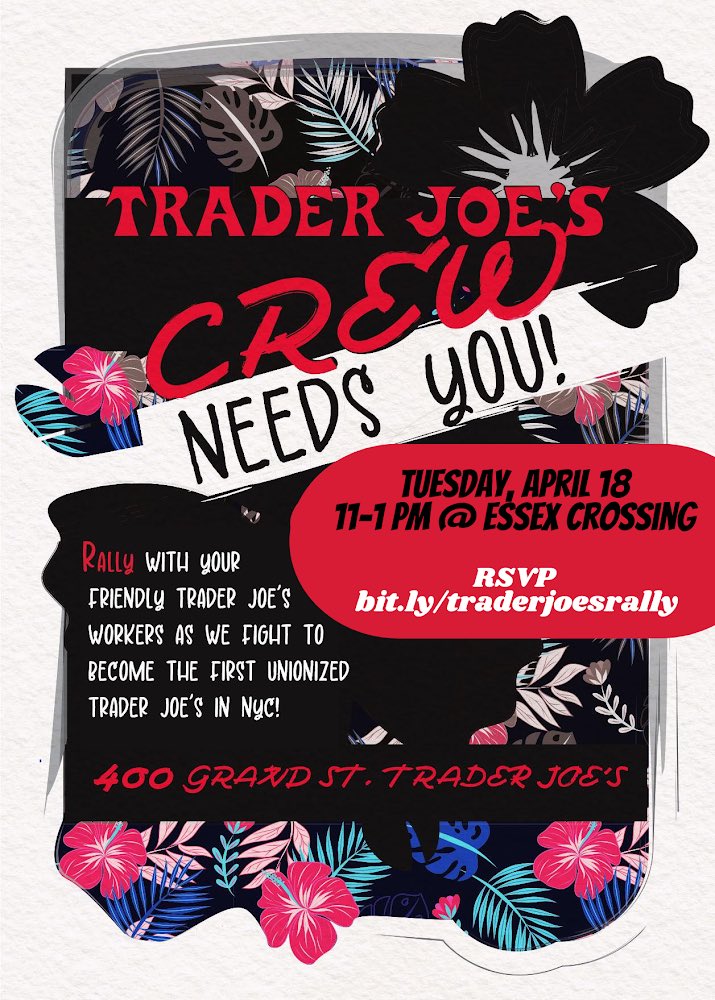 CentralLaborNYC's tweet image. 🚨RALLY ALERT🚨

Tuesday, April 18, 11am-1pm: Join workers organizing at Trader Joe’s at 400 Grand Street in Manhattan! 

They're fighting hard for a union and NYC needs to come out and show solidarity! #1u @TraderJoesUnite