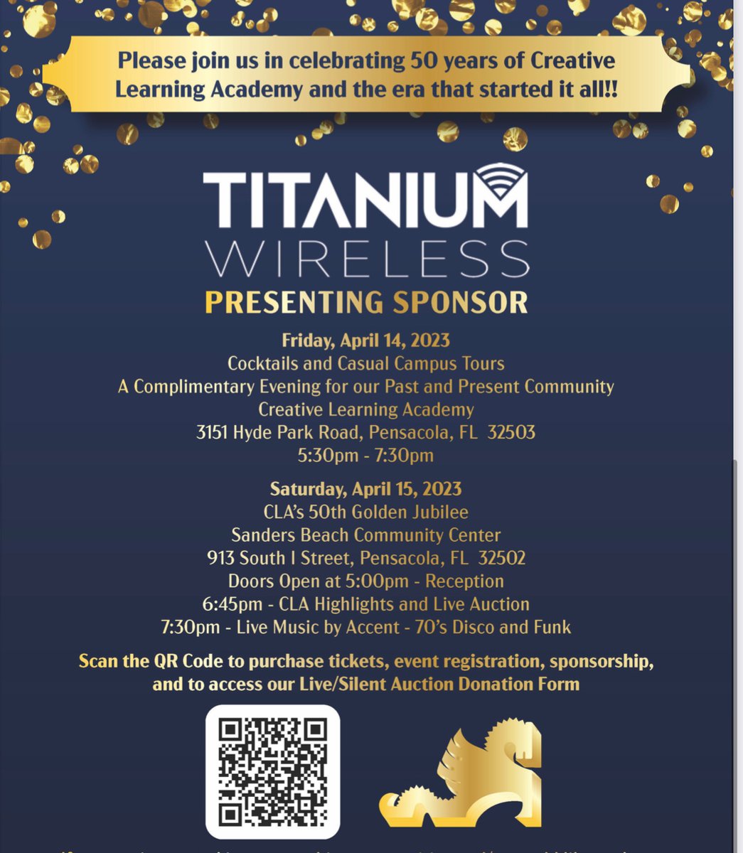 Proud sponsors of tonight’s Creative Learning Academy Golden Dragon Jubilee! 50 years of stellar education in the Pensacola area. See you there! #supportlocal #community #creativelearningacademy #titaniumwireless #disruptingthetelecomindustry