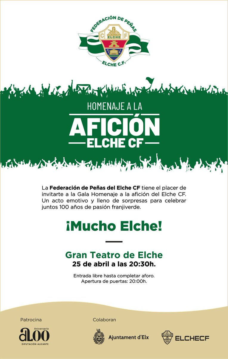 centenarioelche's tweet photo. El 25 de abril estaremos con la federación de peñas del Elche CF en este gran homenaje a la afición. Os esperamos a todos allí. Gracias @FPElx y mucho @elchecf https://t.co/ukOiuaXKn7