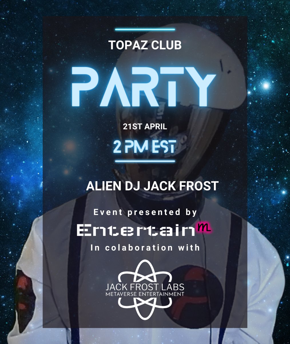 EntertainM (@entertainm_io) on Twitter photo Are you ready for an unforgettable night with the one and only <a href="/NftFrost/">jackfrost_aLIΞN DJ 👽</a> ? 🔥🔥🔥
💎The only HYPER REALISTIC Metaverse NightClub will host a legendary show with The Biggest DJ in the Metaverse!
📌Friday 21st April, 2 pm EST
👉 Join the party here: platform.entertainm.io Are you ready for an unforgettable night with the one and only <a href="/NftFrost/">jackfrost_aLIΞN DJ 👽</a> ? 🔥🔥🔥
💎The only HYPER REALISTIC Metaverse NightClub will host a legendary show with The Biggest DJ in the Metaverse!
📌Friday 21st April, 2 pm EST
👉 Join the party here: platform.entertainm.io