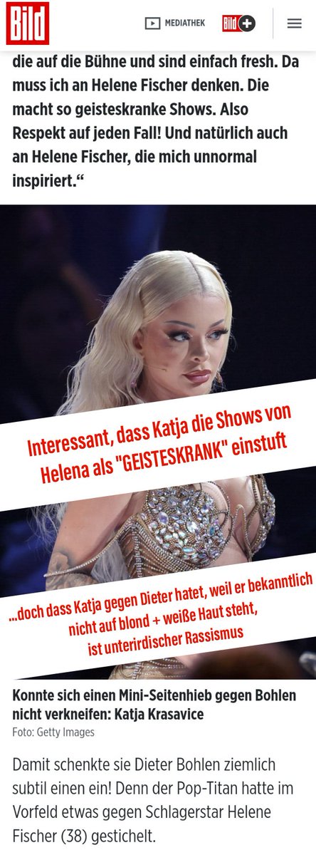 Interessant, dass Katja die Shows von Helena als "GEISTESKRANK" einstuft...

...doch dass Katja gegen Dieter hatet, weil er bekanntlich nicht auf blond + weiße Haut steht, ist unterirdischer Rassismus

#dsds #Bohlen #krasavice #katjakrasavice
