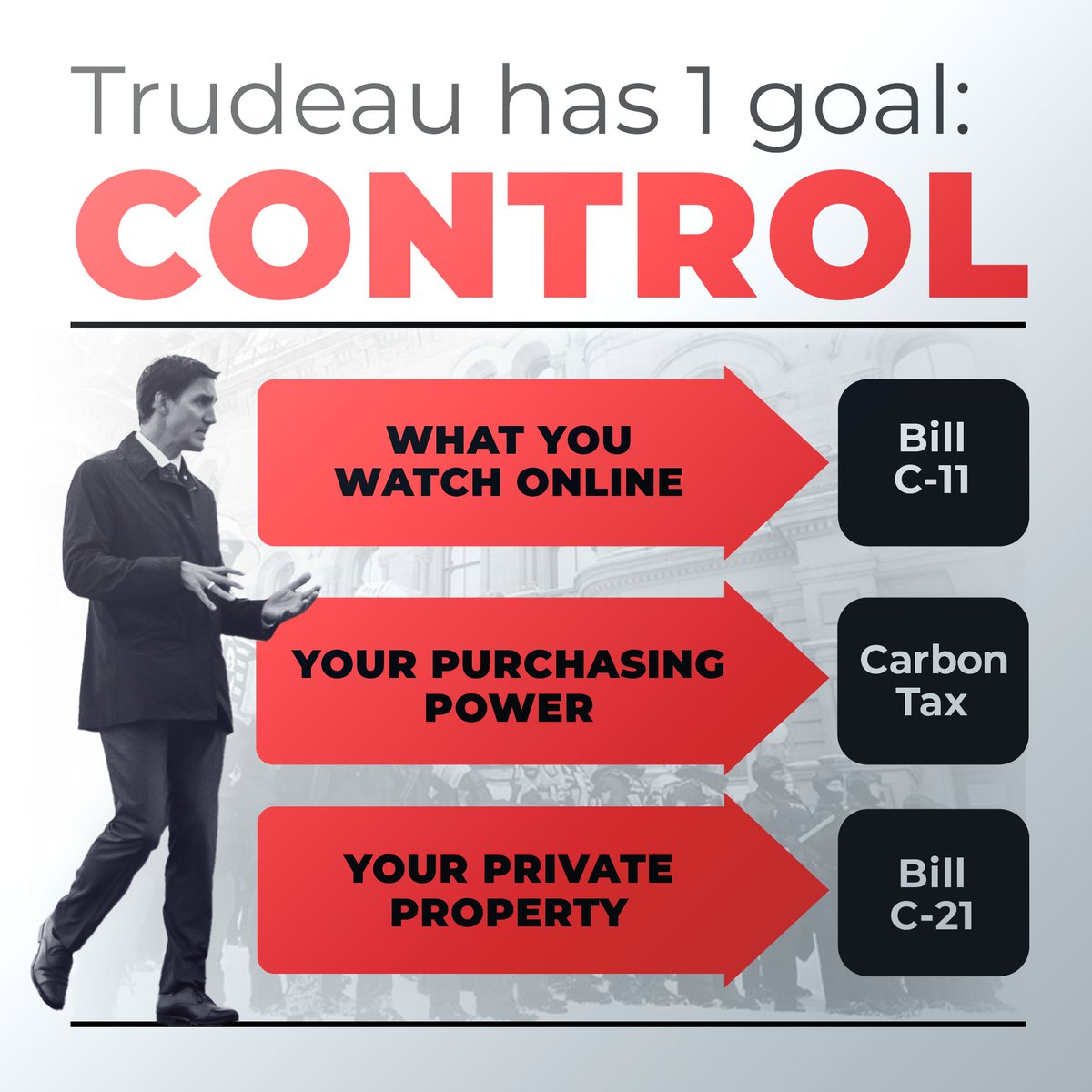 CPC_HQ's tweet photo. He wants to control what you watch.

He wants to control what you buy.

He wants to control what you own.

Trudeau and the Liberals have 1 goal: CONTROL. https://t.co/8zHoVkrIyj