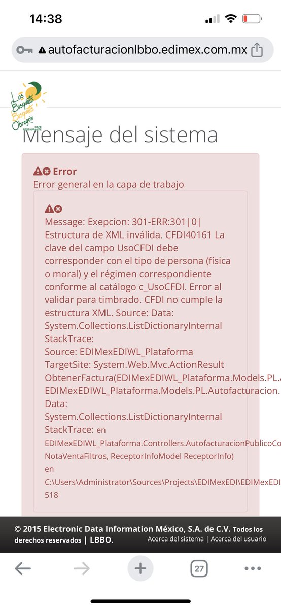 mgarbad's tweet photo. @bisquetsobregon Su portal de facturación no sirve desde ayer. https://t.co/ts1xFCcy7K