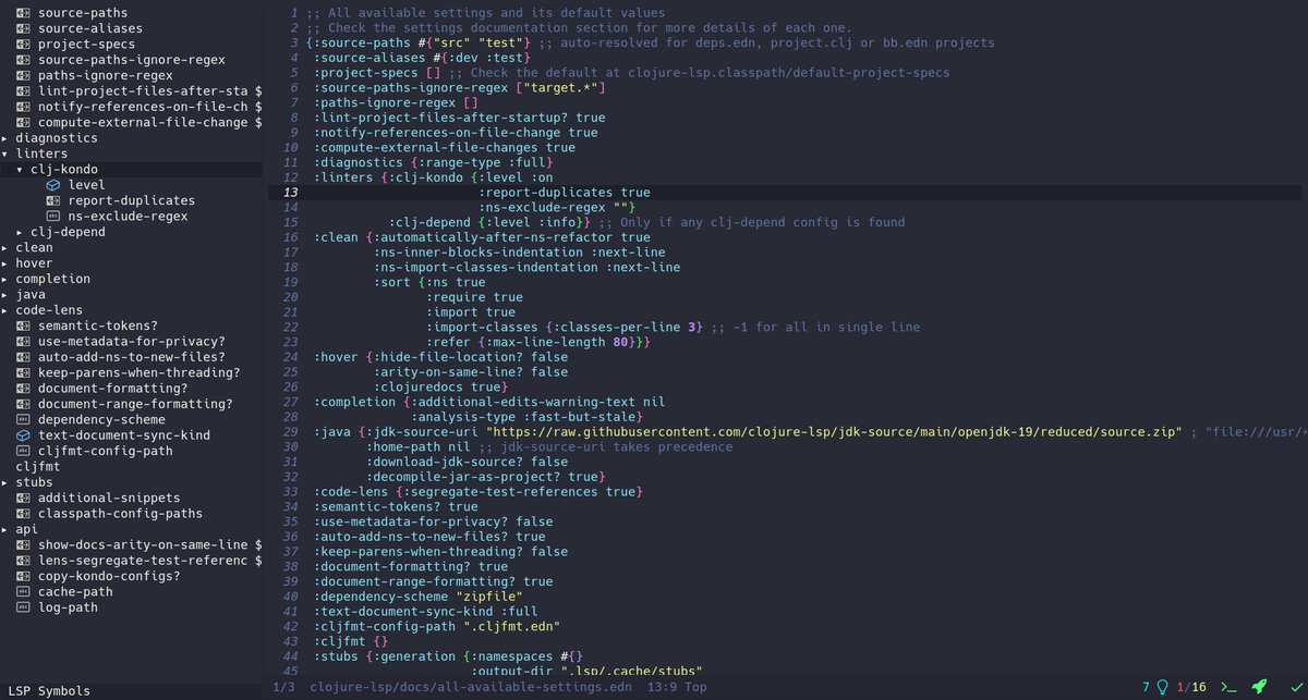 ericdallo's tweet image. Next clojure-lsp release will be able to show Clojure EDN keywords and their values via LSP document-symbol tree ✨
#Clojure #ClojureLSP #LSP
