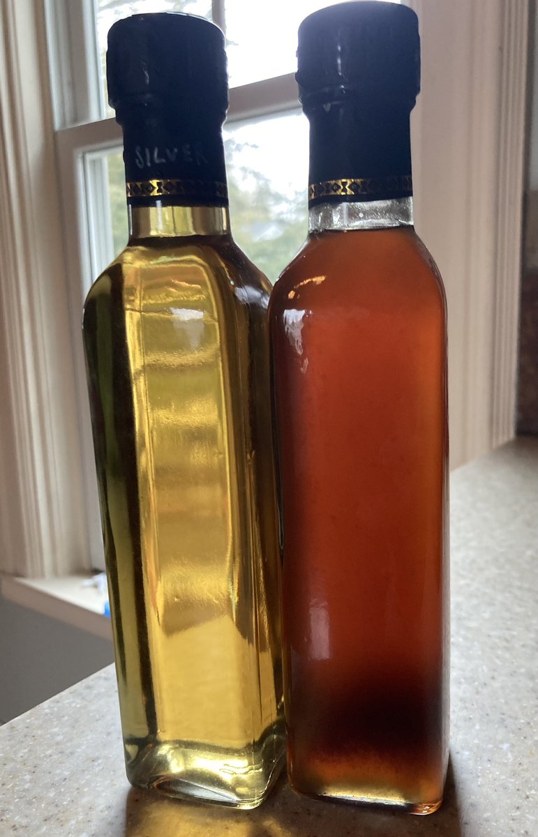 Silver maple syrup. Early season (left) late season (right). Syrup always darkens later in the season.