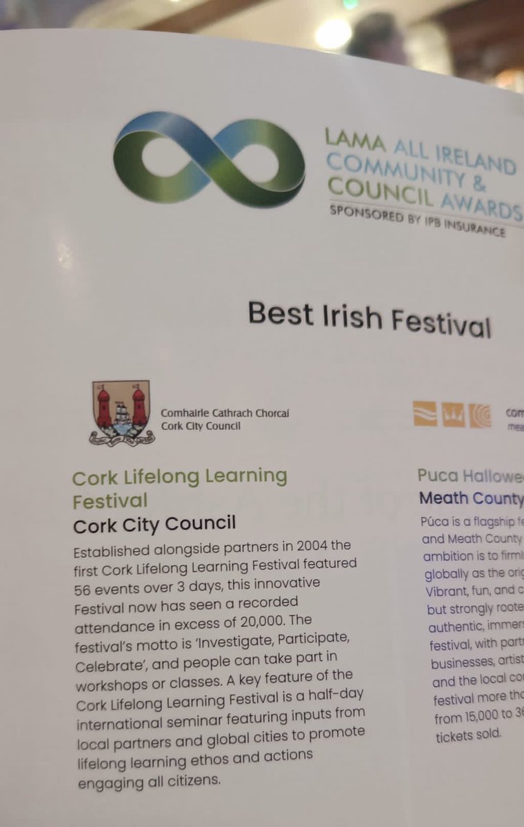 We won ‘Best Irish Festival’ tonight at the All Ireland Community and Council Awards. We are absolutely thrilled! Huge thanks to our partners, hosts and participants. Investigate, Participate, Celebrate! #corkcelebrateslearning