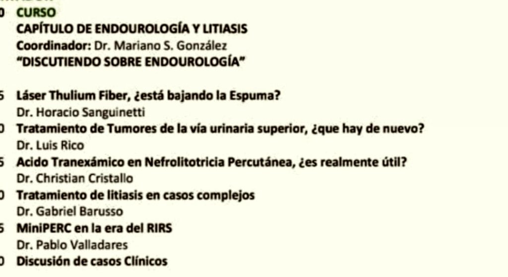 Excelente curso del Capítulo de #endourologia de la 🇦🇷 <a href="/SauUrologia/">Sociedad Argentina de Urología🇦🇷</a>  ayer por la mañana..👏👏

🔁 Coordinador: <a href="/MSGONZALEZURO/">Mariano Sebastian Gonzalez</a>

🎤 Speakers: <a href="/hsanguinetti/">Horacio Sanguinetti</a> <a href="/ghbarusso/">Gabriel Barusso</a> <a href="/CristalloCh/">Christian Cristallo</a> <a href="/luisrico89/">Luis Rico</a> <a href="/DrValladaresP/">Dr. Pablo Valladares - Urólogo 🇦🇷</a> 

🧵Abro hilo con sus principales diapos y THM👇