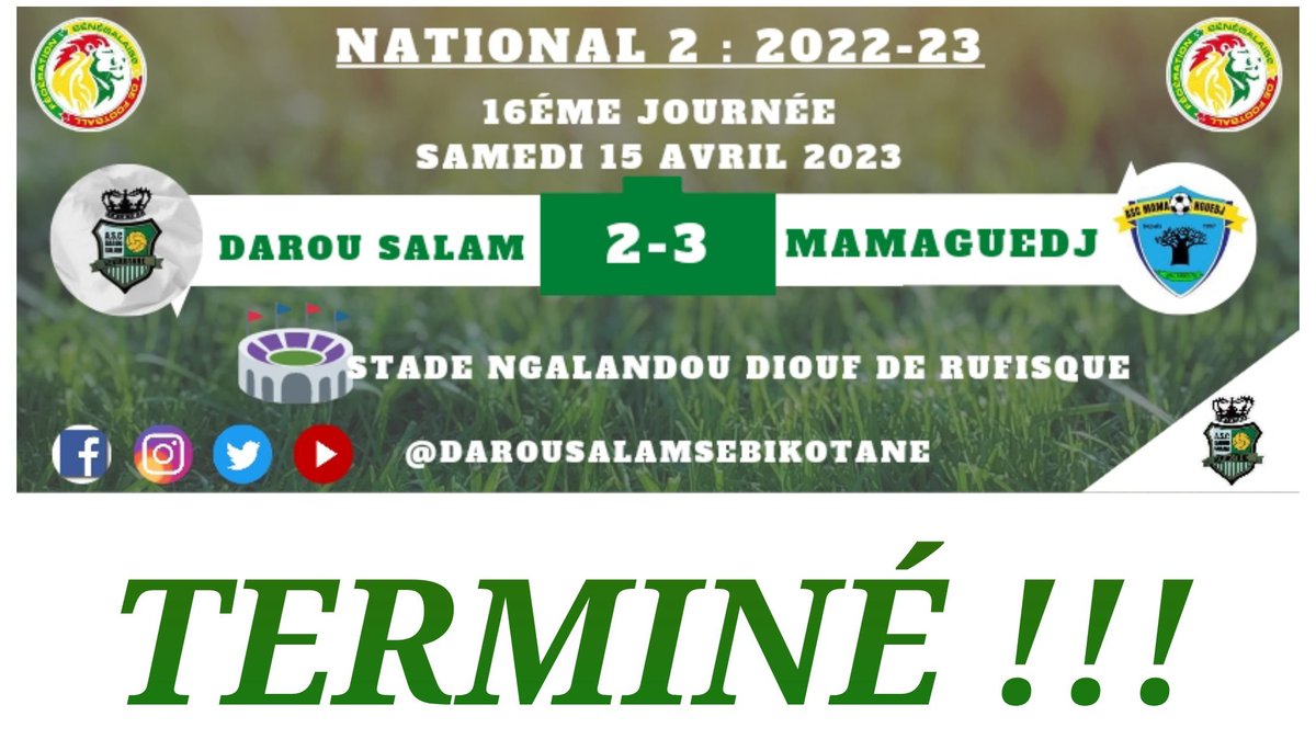 DarouSalamSebi's tweet photo. Terminé !!!

🥅  𝘿𝘼𝙍𝙊𝙐 𝙎𝘼𝙇𝘼𝙈 𝘿𝙀 𝙎𝙀𝘽𝙄𝙆𝙊𝙏𝘼𝙉𝙀 2-3 𝙈𝘼𝙈𝘼 𝙂𝙐𝘿𝙅𝙄

Défaite à domicile 
#NATIONAL2 #FOOTLOCAL221 #SEBIKOTANE #VERTBLANC #DSSM https://t.co/0UmI7Pf0S3