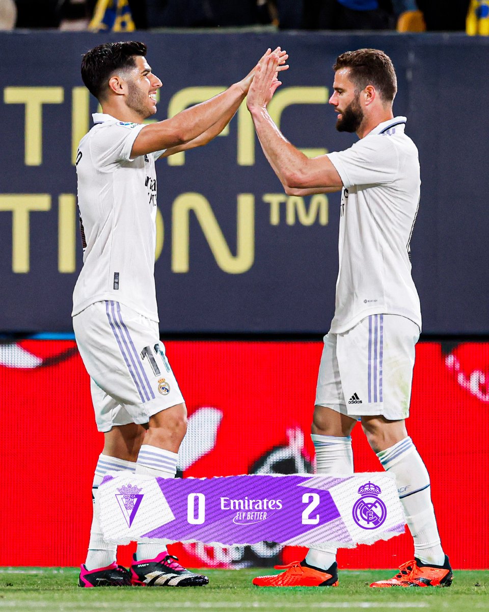 🏁 FP: <a href="/Cadiz_CF/">Cádiz Club de Fútbol</a> 0-2 <a href="/realmadrid/">Real Madrid C.F.</a>
⚽ <a href="/nachofi1990/">Nacho Fernández</a> 72', <a href="/marcoasensio10/">Marco Asensio</a> 76'
#CádizRealMadrid | #Emirates