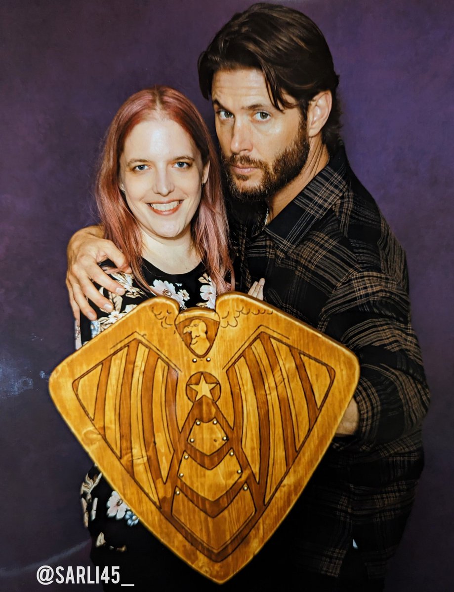 Sarli45_'s tweet photo. Okay here I am freaking the F out again. I brought the wood replica Soldier Boy shield I made &amp; asked him to protect me with it. He did a damn good job! #SPNNJ #TheBoys

And I'm happy that I look okay without my glasses, had to take them off for all ops today https://t.co/JiBYC7bPZO