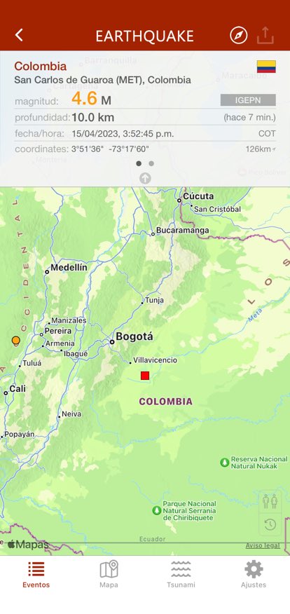 Hace 7 min. #temblor 4.6 en San Carlos de Guaroa (MET), Colombia, 10.0km, 3:52 p.m. COT (IGEPN) earthquake.app/m/?e_id=igepn.…