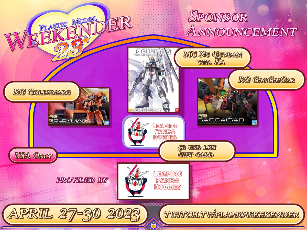 plamoweekender's tweet photo. More #PMW2023 giveaways!

Our friends at @leaping_panda are giving away a bunch of awesome kits:

MG Nu Gundam ver. Ka
RG GaoGaiGar
RG Goldymarg
and a 50 USD gift card for https://t.co/LsoCzqqkoq! 

Make sure to tune in and donate to CAF during PMW for your chance to win! https://t.co/ZxNw3HJVNc