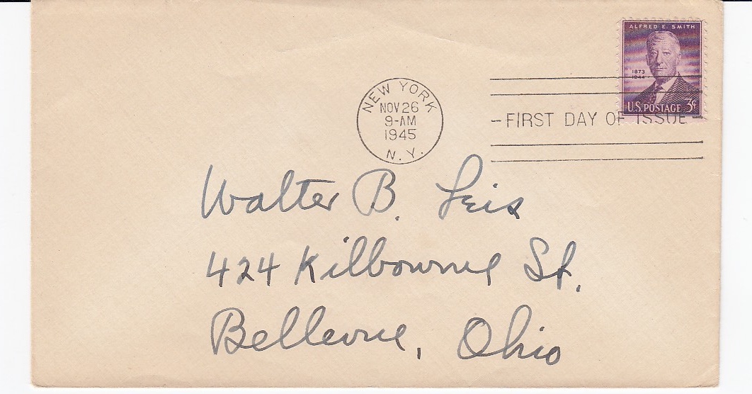 TimothyImholt's tweet image. This First Day Issue is a stamp commemorating the life of Alfred E. Smith. Sent from New York, NY in 1945.   #firstday #firstdayissue #Philately #Philatelic #StampCollecting