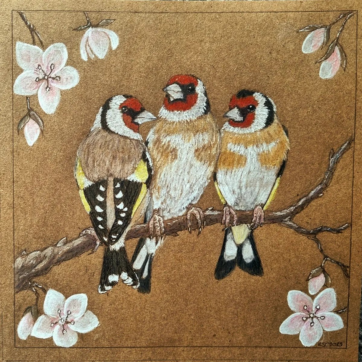 CamfieldBecky's tweet photo. Goldfinch Trio.

Not the best photos of this but managed to get this gift done in time.

White markers and watercolour pencils. 15cm square brown paper.

#Goldfinches #birdart https://t.co/0qVeFOUkuM