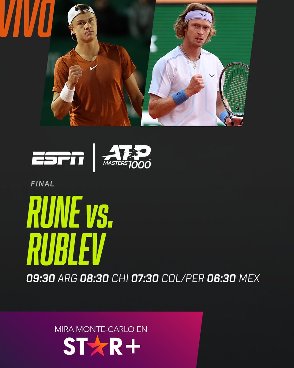 ESPNtenis's tweet photo. 🏆 El campeón será Ru...

🇩🇰 Rune 🆚 Rublev 🇷🇺: final de primer nivel en #MonteCarlo. 

#ESPNenStarPlus ▶️ https://t.co/DKRGuDAb8s https://t.co/eLKBJAHCDf
