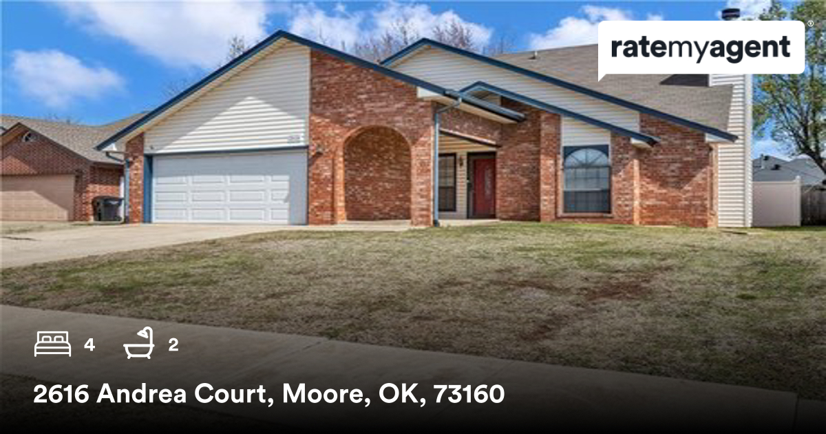 🛌 4 🛀 2
📍 2616 Andrea Court, Moore, OK, 73160

My latest sale on RateMyAgent.
 139126
rma.reviews/ETatFtEK6tEH

...
#ratemyagent #realestate #eXp_Realty