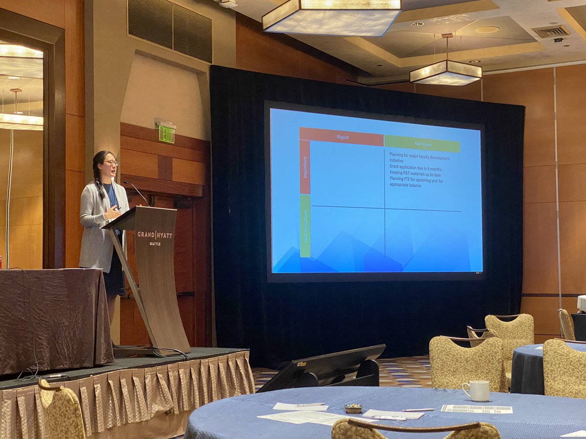 Great job @md_zuo presenting at #SEA23Spring about time management in the promotion process using @StephenRCovey’s principles of urgency vs importance.