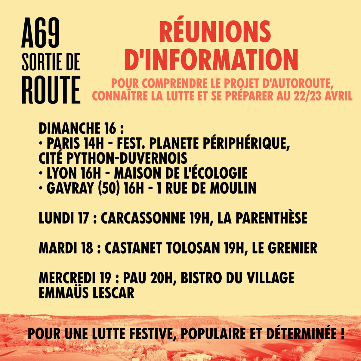 LaVoieEstLibre_'s tweet photo. Réunions d'info - 📢A69, SORTIE DE ROUTE ⛔️🚧 - 22/23 avril sur le tracé

Les prochains rdv à une semaine d'une mobilisation massive contre l'#autoroute #Castres-#Toulouse.

NO MACADAM ✊🌳✊

Plus d'infos : https://t.co/8Sz32n0P2s https://t.co/3BBjYwNhHG
