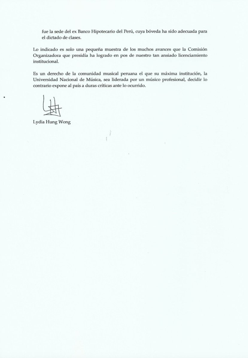 PabloInculto's tweet image. ATENCIÓN. Carta a la opinión pública de Lydia Hung Wong. Detalla los logros en aspectos de GESTIÓN durante su administración en la Comisión Organizadora de la Universidad Nacional de Música. 

El Estatuto y CAP, que @MineduPeru dijo hoy que no se había hecho, SÍ estaban aprobados