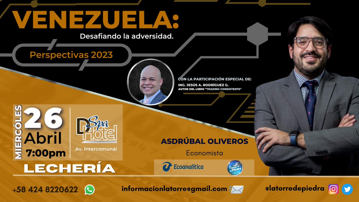 Asdrúbal Oliveros <a href="/aroliveros/">Asdrúbal R. Oliveros</a> presentará en Lecheria VENEZUELA: Desafiando la adversidad. Y el Ing. Jesús A. Rodríguez G. <a href="/ja_rodriguezg/">Jesús A. Rodríguez G.</a> nos dará  una introducción al Mercado de Valores.
Tendremos nuestra acostumbrada sesión de preguntas y respuestas. 
wa.me/584248758515